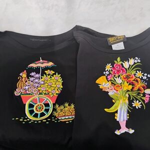 Lot 2 Vtg Bob Mackie Wearable Art Embroidered T Shirt Womens Medium Floral L